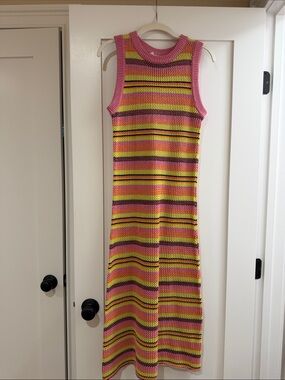 vestique Sleeveless Knit Midi Dress in Pink, Yellow & Black Stripe